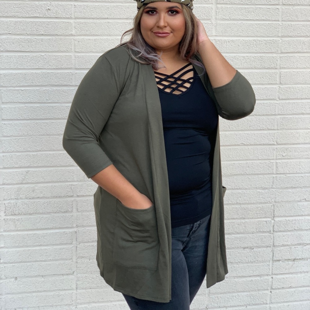 Black tank and olive cardigan set